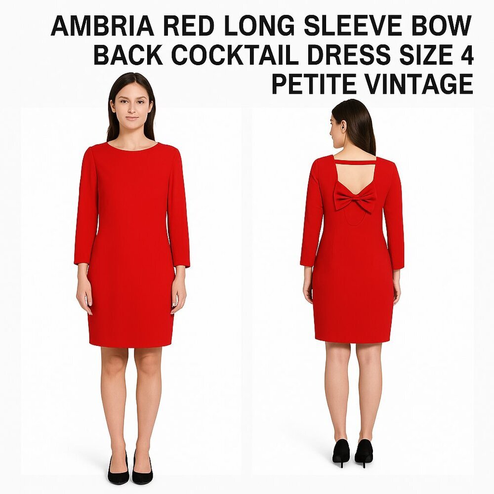 Ambria Red Long Sleeve Bow Back Cocktail Dress Size 4 Petite Vintage